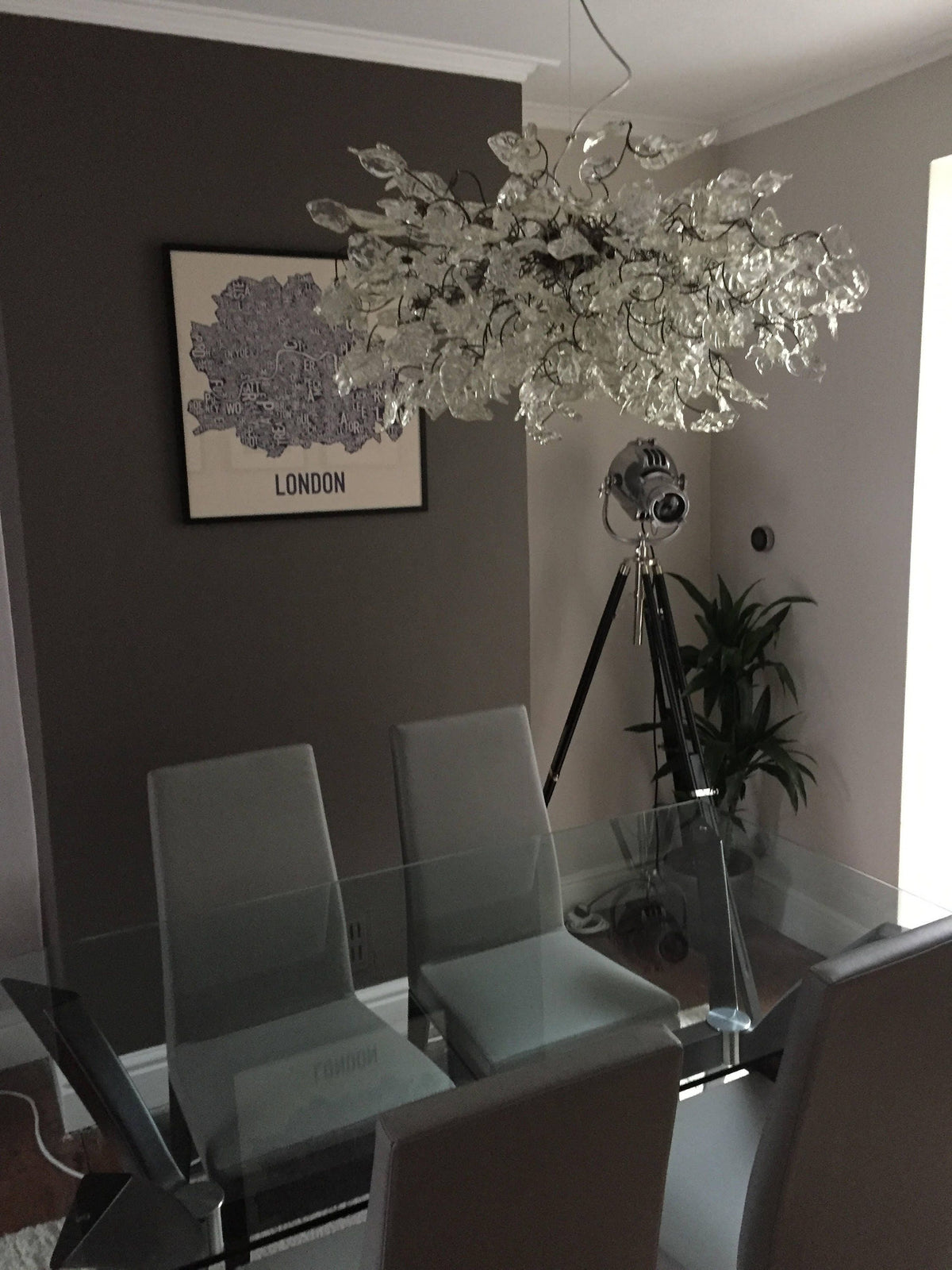 Hanging ceiling Light with white and clear leaves and flowers for Dining table or living room