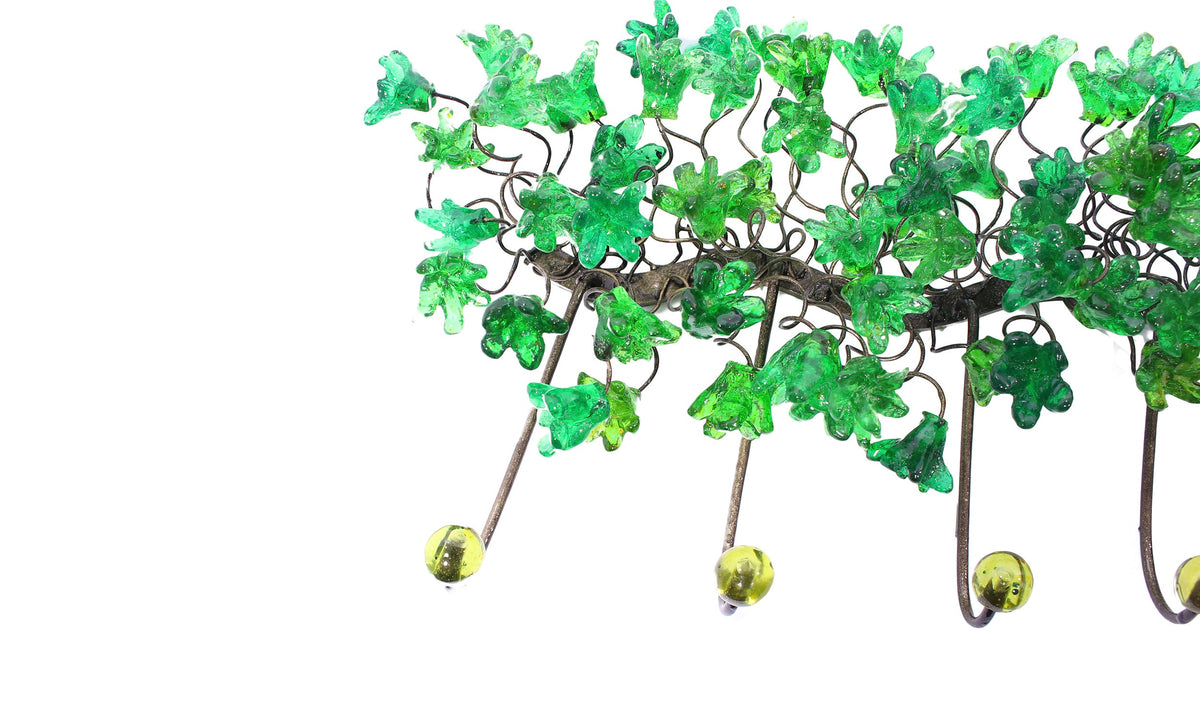 Unique hooks Coat Rack, Wall Hook with green resin flowers and leaves, decorative wall hanger.