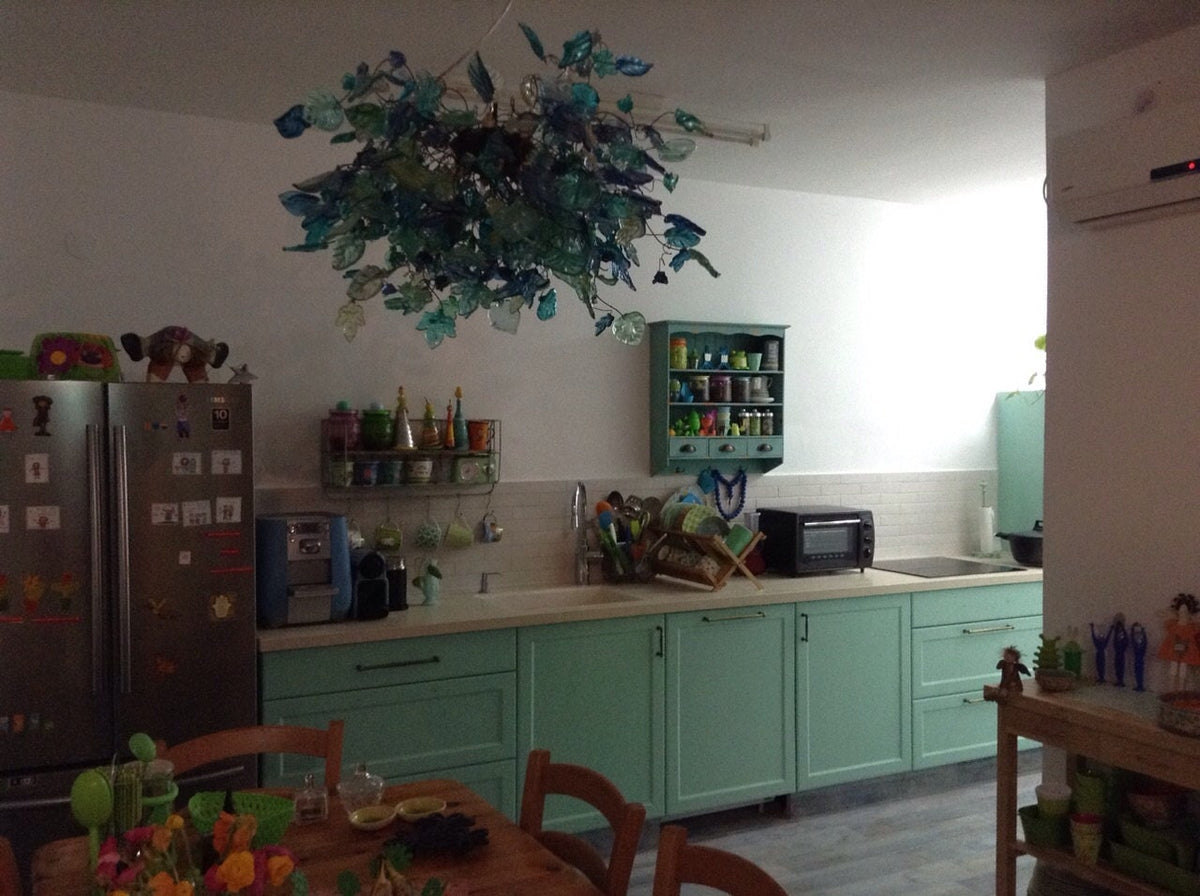 Hanging chandeliers with Sea color flowers & leaves for Dining Room