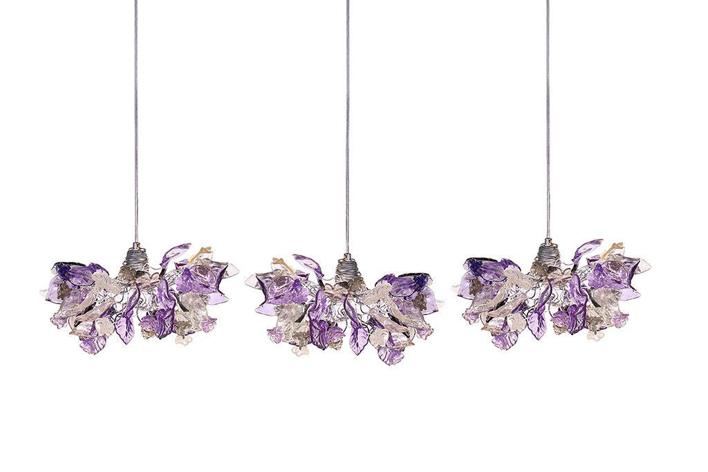 Handmade Triple Pendant Chandelier with Purple Flowers and Leaves - Elegant Ceiling Lighting for Kitchen Island and Dining Room
