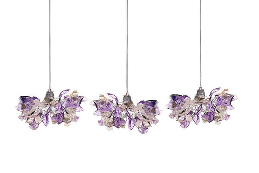 Handmade Triple Pendant Chandelier with Purple Flowers and Leaves - Elegant Ceiling Lighting for Kitchen Island and Dining Room