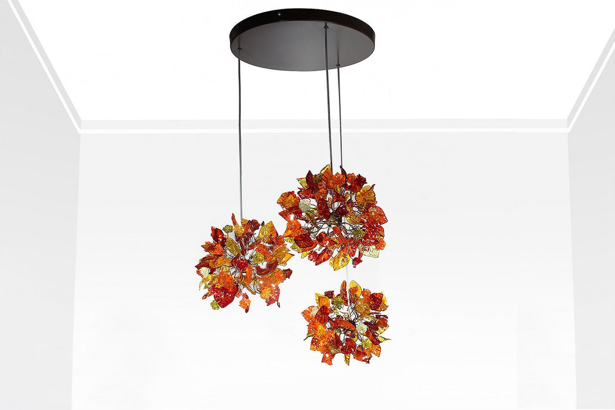 Triple Round Pendant Light With Autumn Colored Resin Leaves
