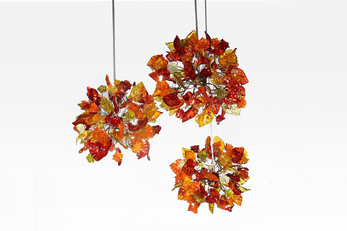 Triple Round Pendant Light With Autumn Colored Resin Leaves