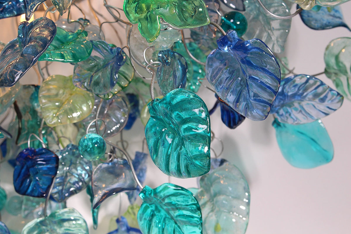 Large Flush Mount Ceiling Light with sea color flowers and leaves, unique ceiling mount light for kitchen.