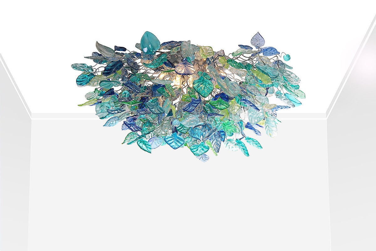 Large Flush Mount Ceiling Light with sea color flowers and leaves, unique ceiling mount light for kitchen.