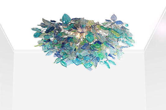 Large Flush Mount Ceiling Light with sea color flowers and leaves, unique ceiling mount light for kitchen.
