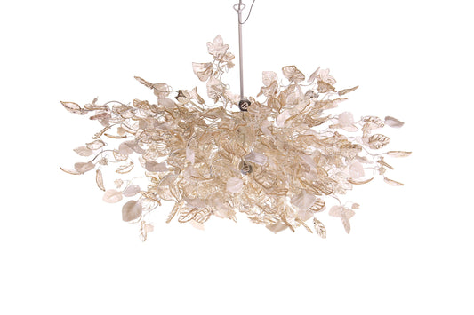 Modern Hanging oval chandeliers with white, clear and light gold flowers and leaves for Dining Room, or living room - elegant lighting