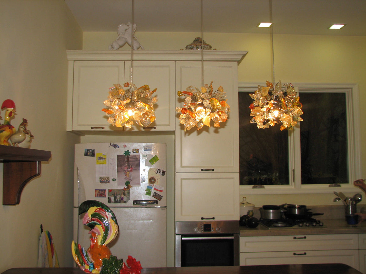 Lighting - Triple Pendant light with yellow flowers and leaves for Kitchen Island, Dining Room.