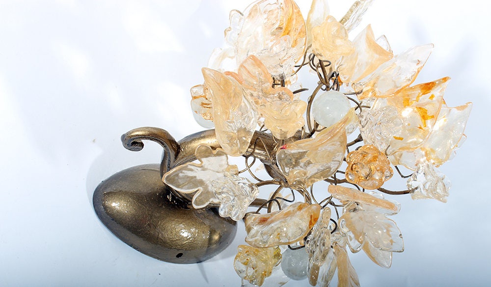 Floral Wall Sconce: Cream & Gold Resin Flowers, Brass Accent