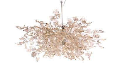 Modern Hanging oval chandeliers with white, clear and light gold flowers and leaves for Dining Room, or living room - elegant lighting