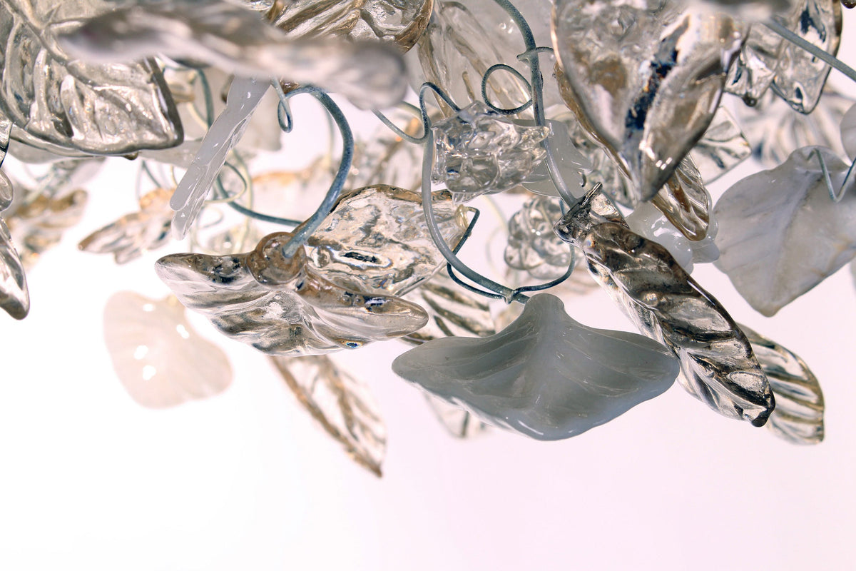 Modern Hanging oval chandeliers with white, clear and light gold flowers and leaves for Dining Room, or living room - elegant lighting