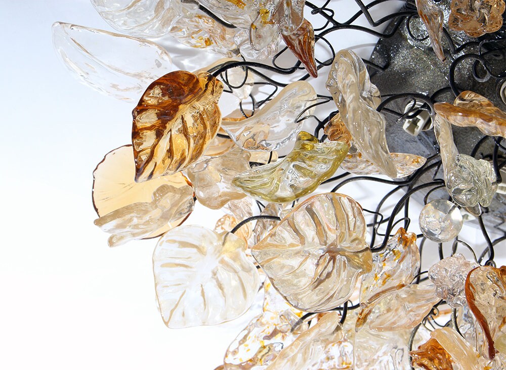 Elegant Flush Mount Ceiling Light with Champagne Color flowers and leaves.