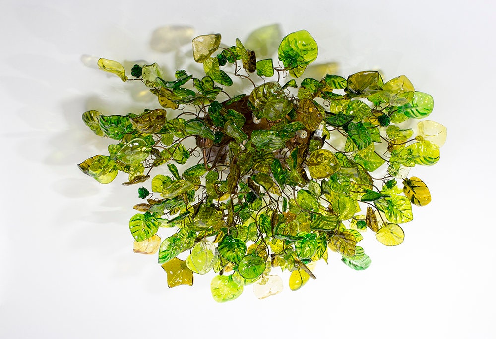 Green Flush Mount Lighting, ceiling mount light with green flowers and leaves.