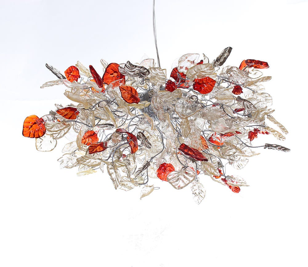 Unique Chandeliers Lighting, Modern chandelier with clear gray and red flowers and leaves for Dining Room, bedroom or living room.