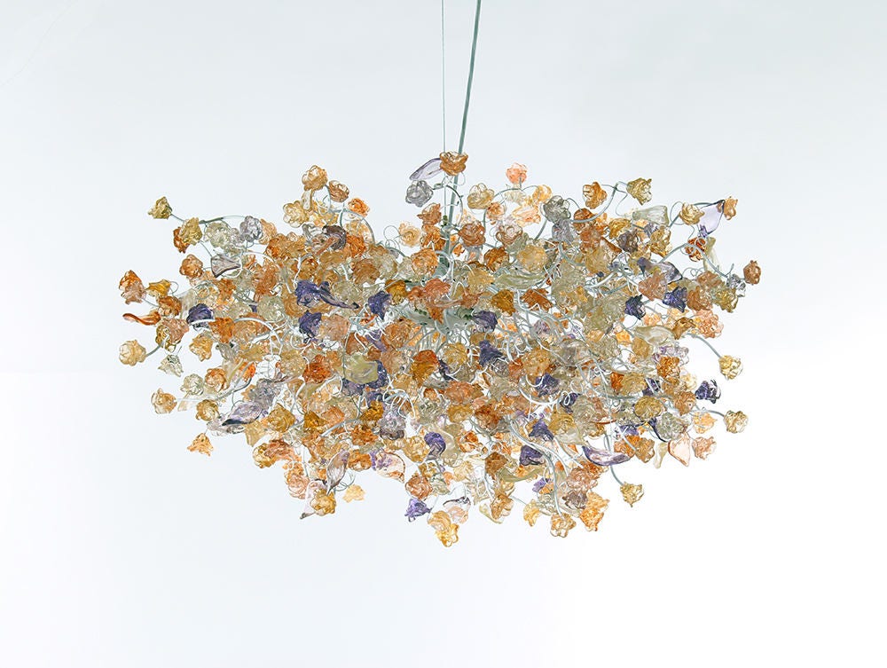 Hanging chandeliers with orange clear and purple color flowers and leaves for Dining Room, bedroom or living room.