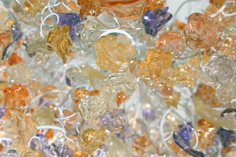 Hanging chandeliers with orange clear and purple color flowers and leaves for Dining Room, bedroom or living room.