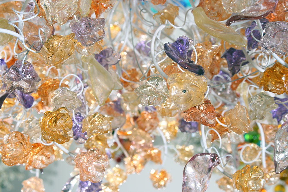 Hanging chandeliers with orange clear and purple color flowers and leaves for Dining Room, bedroom or living room.