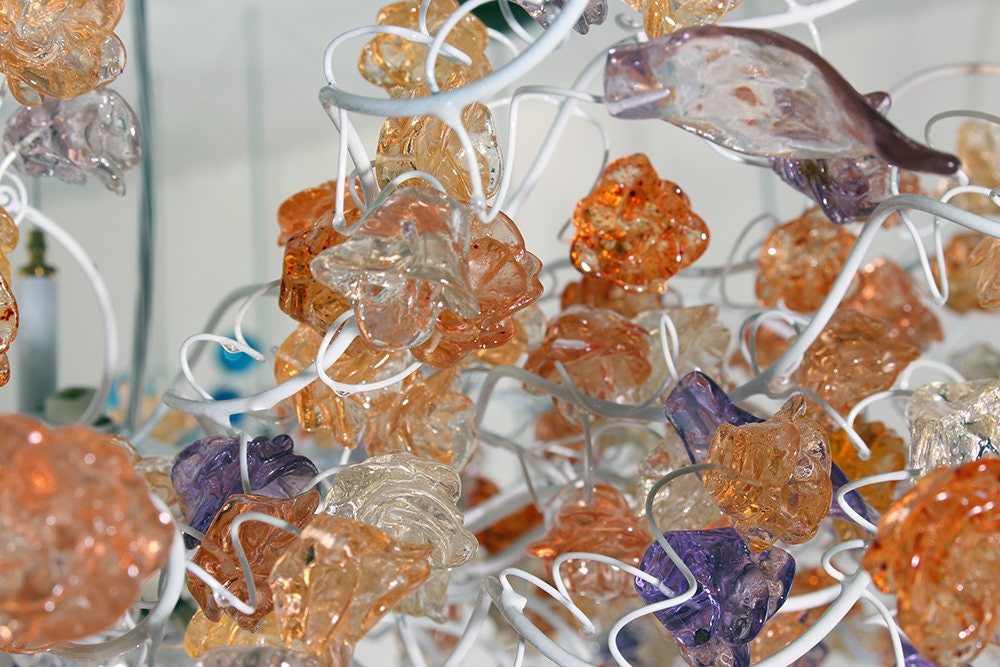 Hanging chandeliers with orange clear and purple color flowers and leaves for Dining Room, bedroom or living room.