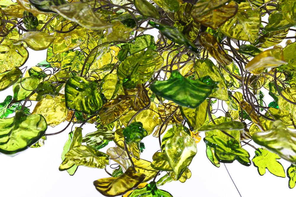 Large Hanging Chandeliers Lighting with Green color flowers and leaves for Dining Room