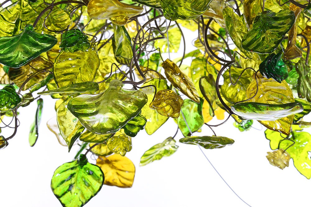 Large Hanging Chandeliers Lighting with Green color flowers and leaves for Dining Room