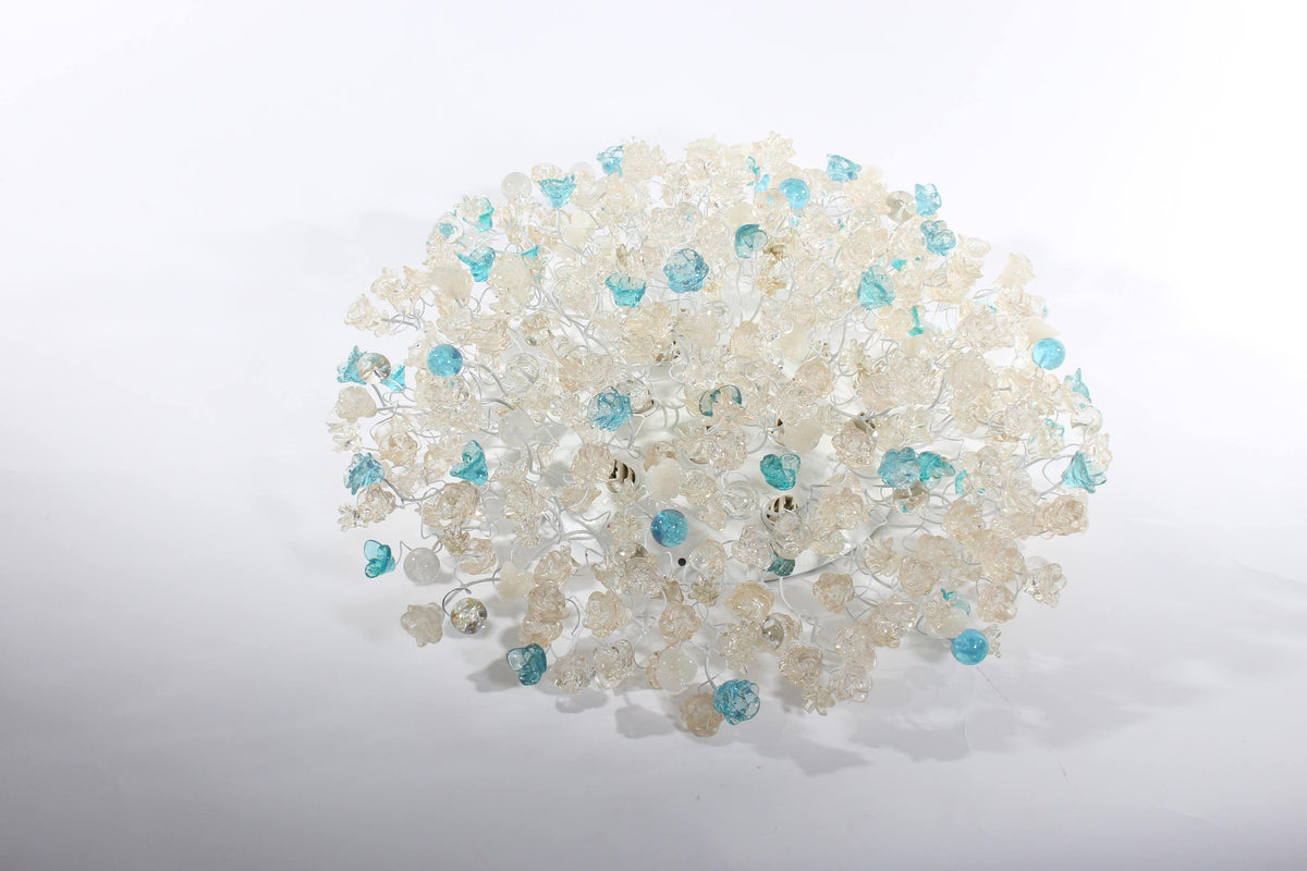 Flush mount ceiling light - clear and turquoise flowers, elegant ceiling mount light for kitchen, living room or Dining Room.
