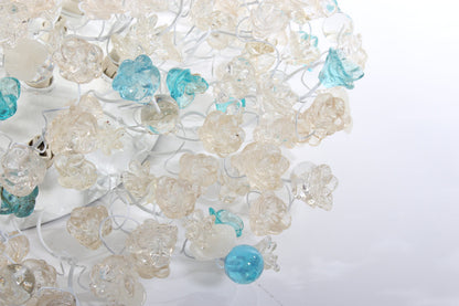 Flush mount ceiling light - clear and turquoise flowers, elegant ceiling mount light for kitchen, living room or Dining Room.