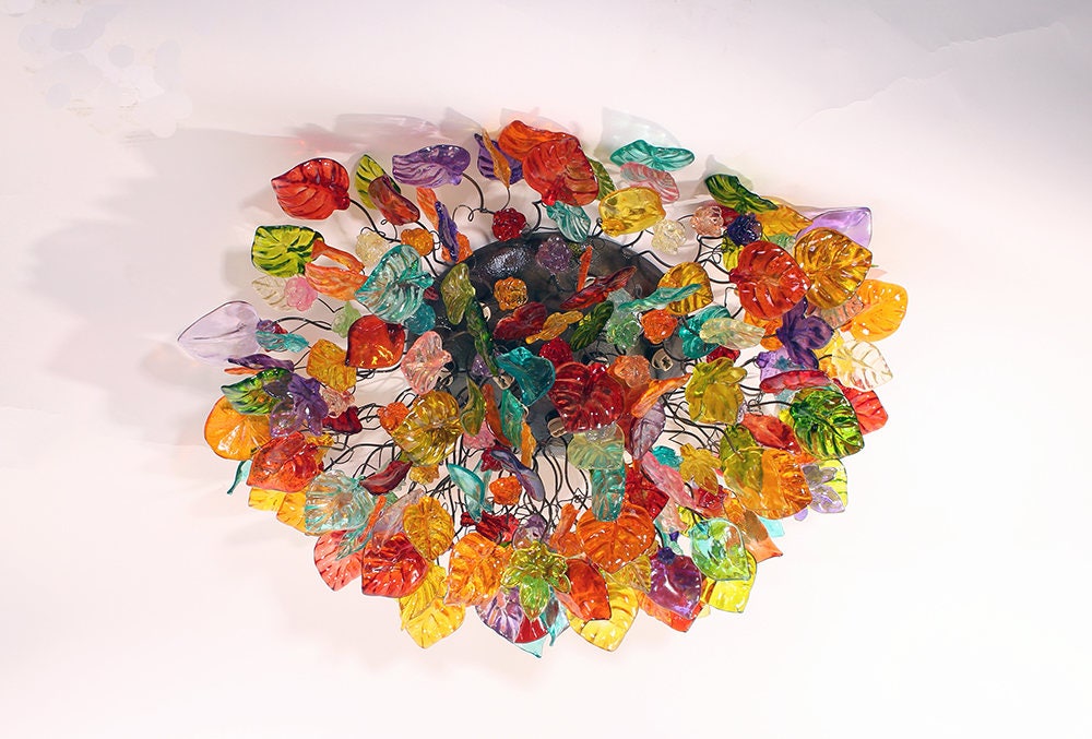 Large colorful Ceiling mount light with flowers and leaves for kitchen, living room or Dining Room.