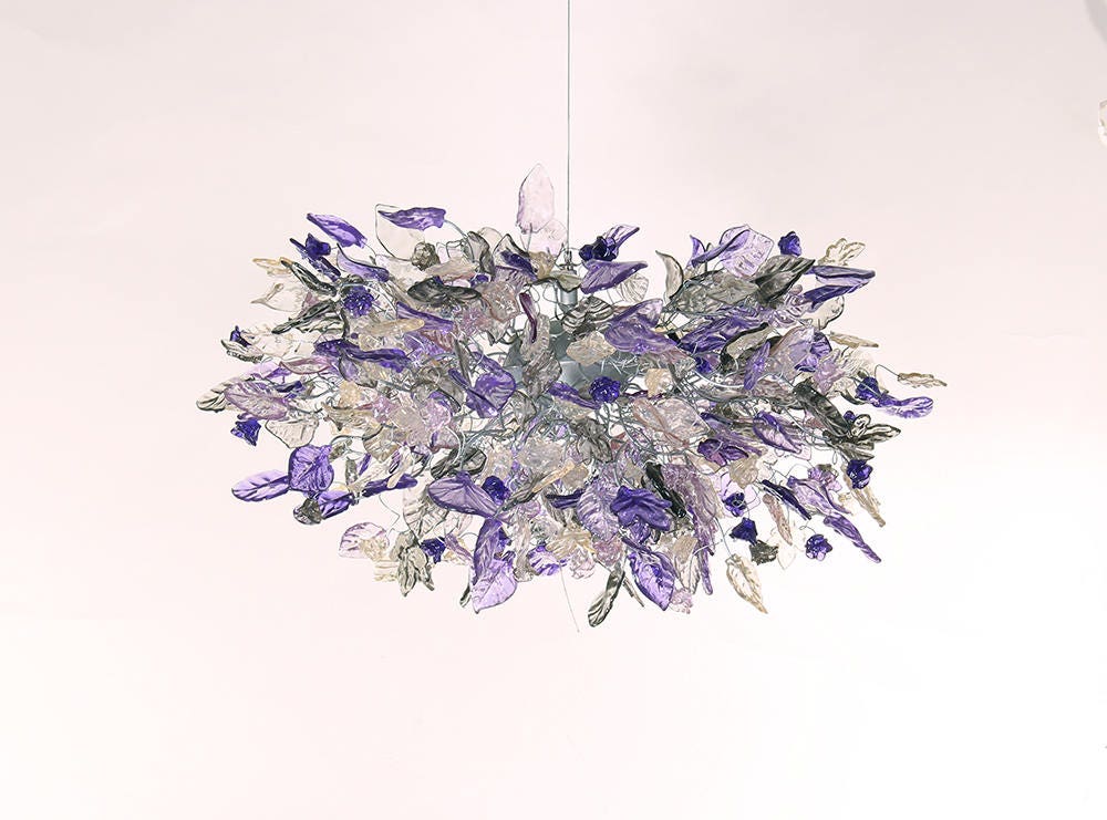 Violet Hanging chandeliers with purple, gray and clear flowers and leaves for Dining Room, bedroom or living room.