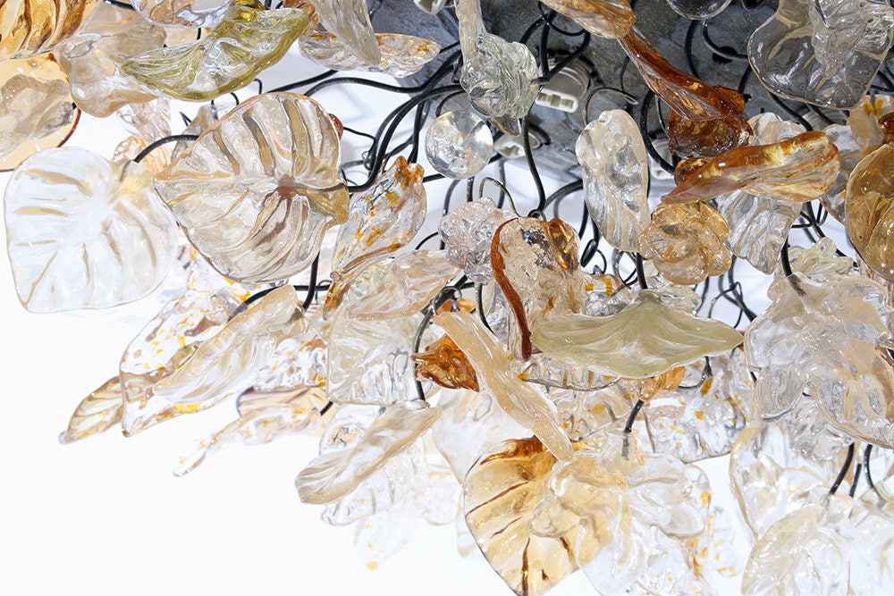 Elegant Flush Mount Ceiling Light with Champagne Color flowers and leaves.