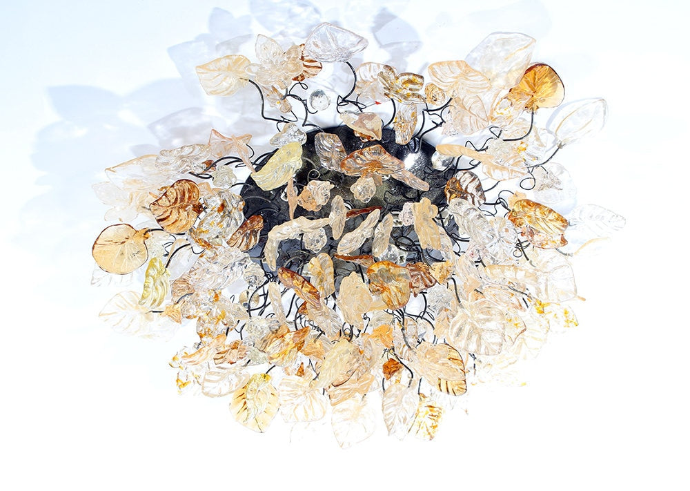 Elegant Flush Mount Ceiling Light with Champagne Color flowers and leaves.