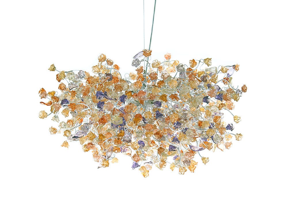 Hanging chandeliers with orange clear and purple color flowers and leaves for Dining Room, bedroom or living room.