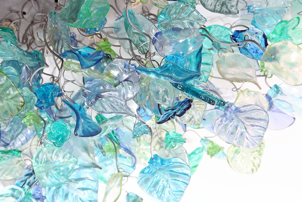 Large Flush Mount Ceiling Light with sea color flowers and leaves, unique ceiling mount light for kitchen.