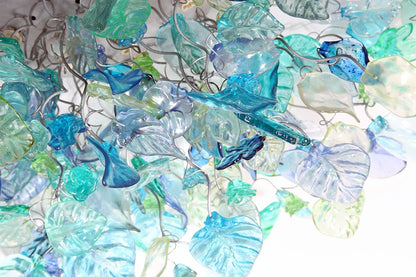 Large Flush Mount Ceiling Light with sea color flowers and leaves, unique ceiling mount light for kitchen.