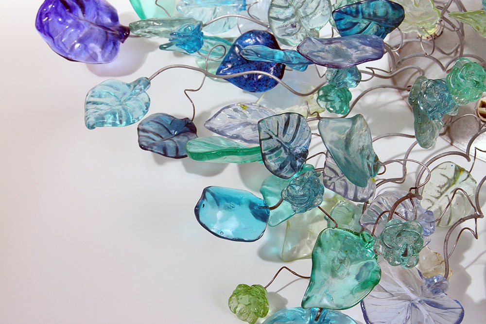 Large Flush Mount Ceiling Light with sea color flowers and leaves, unique ceiling mount light for kitchen.
