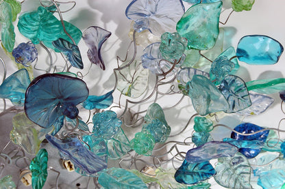 Large Flush Mount Ceiling Light with sea color flowers and leaves, unique ceiling mount light for kitchen.