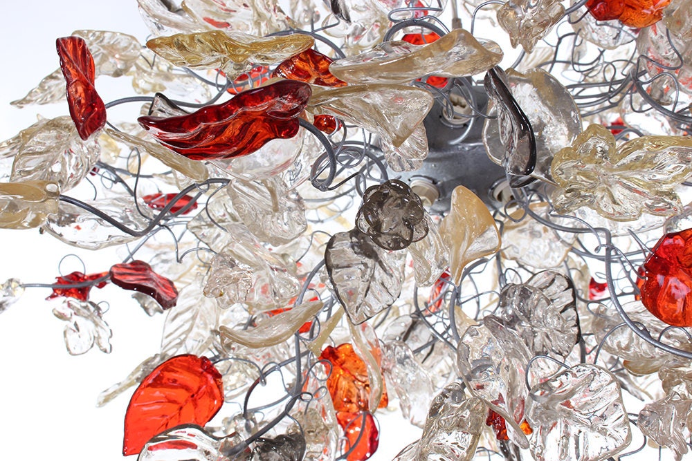 Unique Chandeliers Lighting, Modern chandelier with clear gray and red flowers and leaves for Dining Room, bedroom or living room.