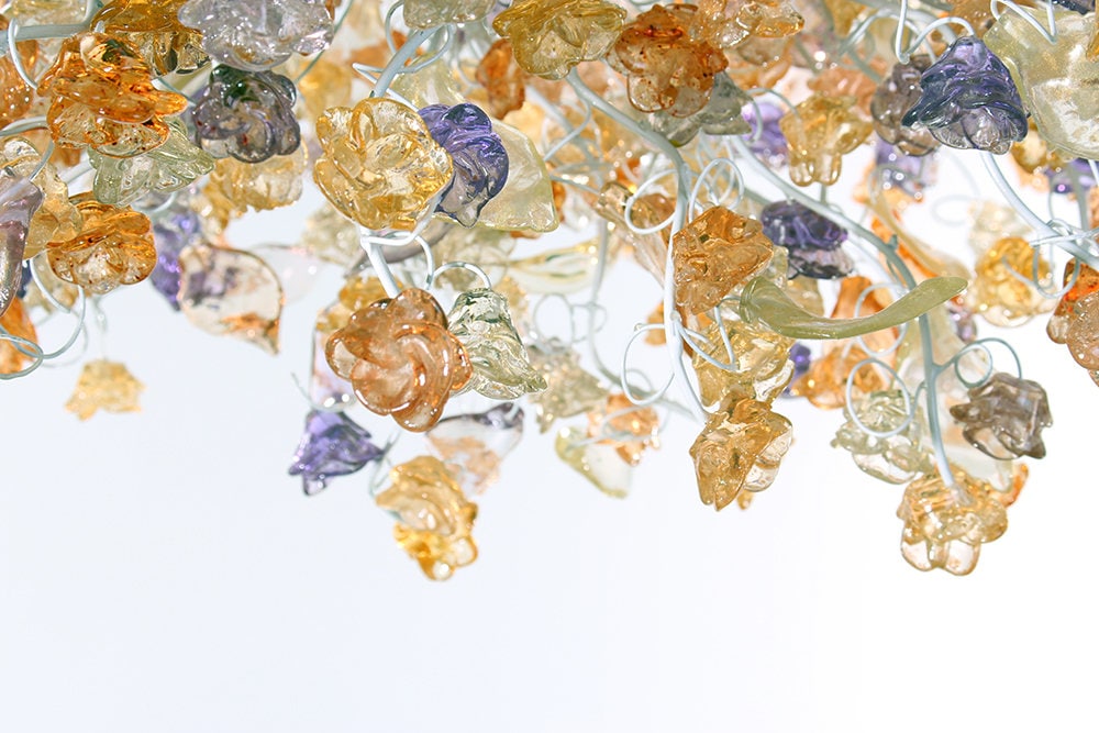 Hanging chandeliers with orange clear and purple color flowers and leaves for Dining Room, bedroom or living room.