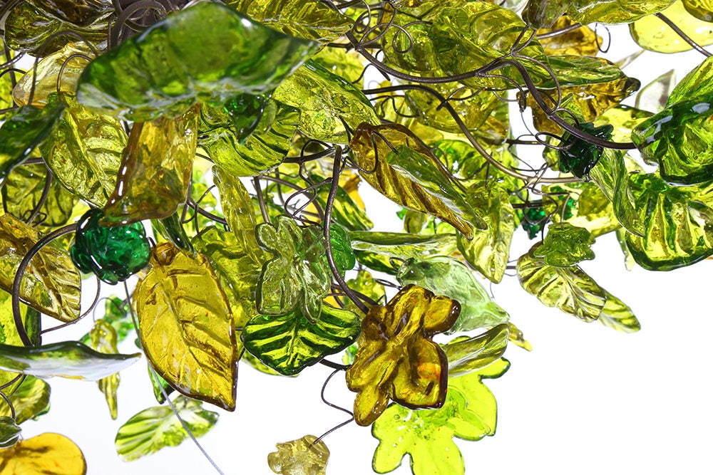 Large Hanging Chandeliers Lighting with Green color flowers and leaves for Dining Room