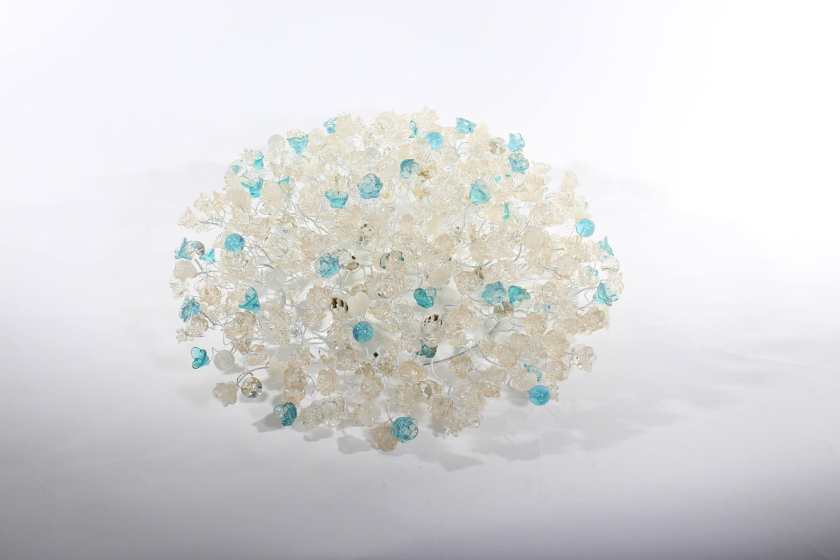 Flush mount ceiling light - clear and turquoise flowers, elegant ceiling mount light for kitchen, living room or Dining Room.
