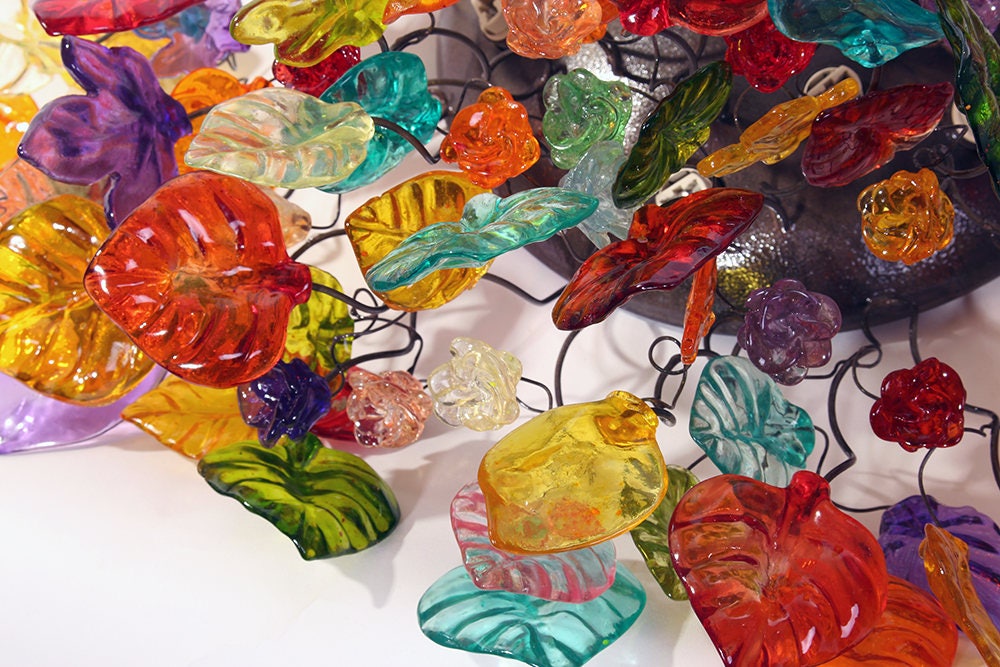 Large colorful Ceiling mount light with flowers and leaves for kitchen, living room or Dining Room.