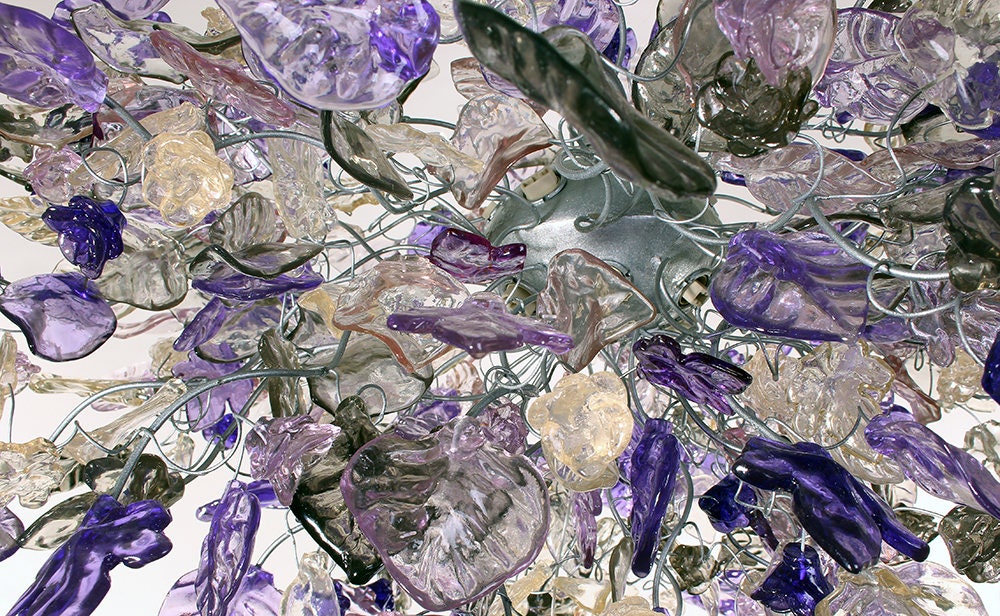 Violet Hanging chandeliers with purple, gray and clear flowers and leaves for Dining Room, bedroom or living room.