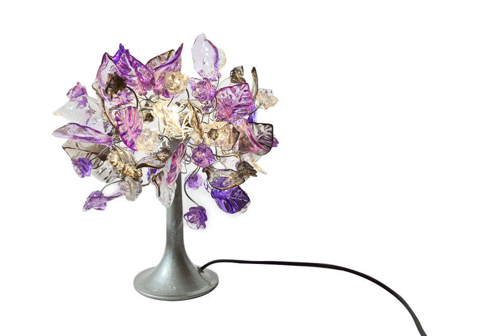 Unique Hand made Purple Table Lamp with flowers and leaves