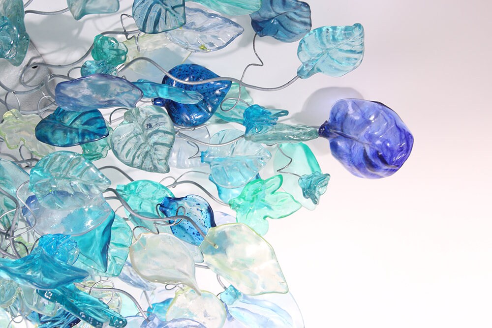 Large Flush Mount Ceiling Light with sea color flowers and leaves, unique ceiling mount light for kitchen.