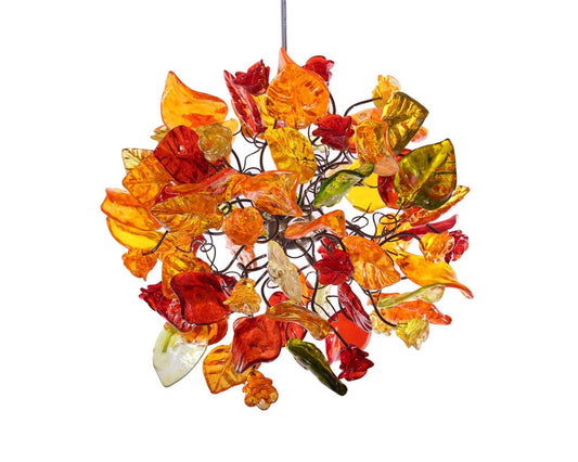 Ceiling light fixture with warm color flowers and leaves, unique pendant light.