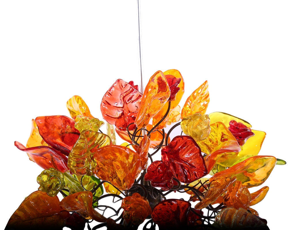 Ceiling light fixture with warm color flowers and leaves, unique pendant light.