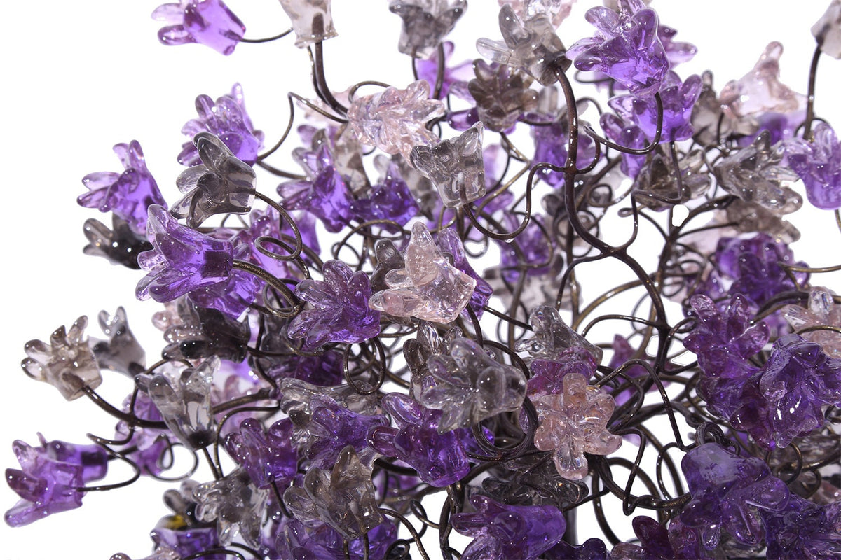 Purple bedside lamp, Table Lamp with Violet gray and clear flowers, small table lamp, midnight color flowers lighter.