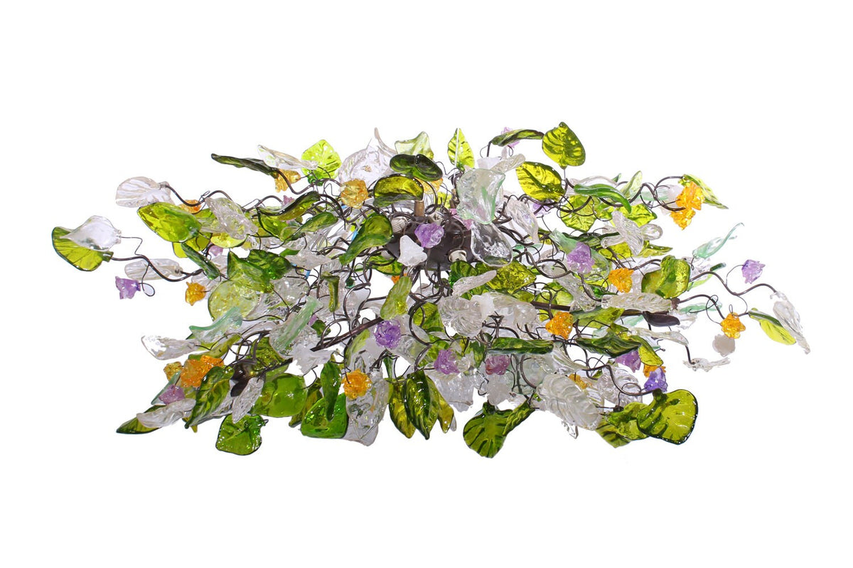 Hanging oval chandeliers with green clear yellow and purple flowers and leaves for Dining Room
