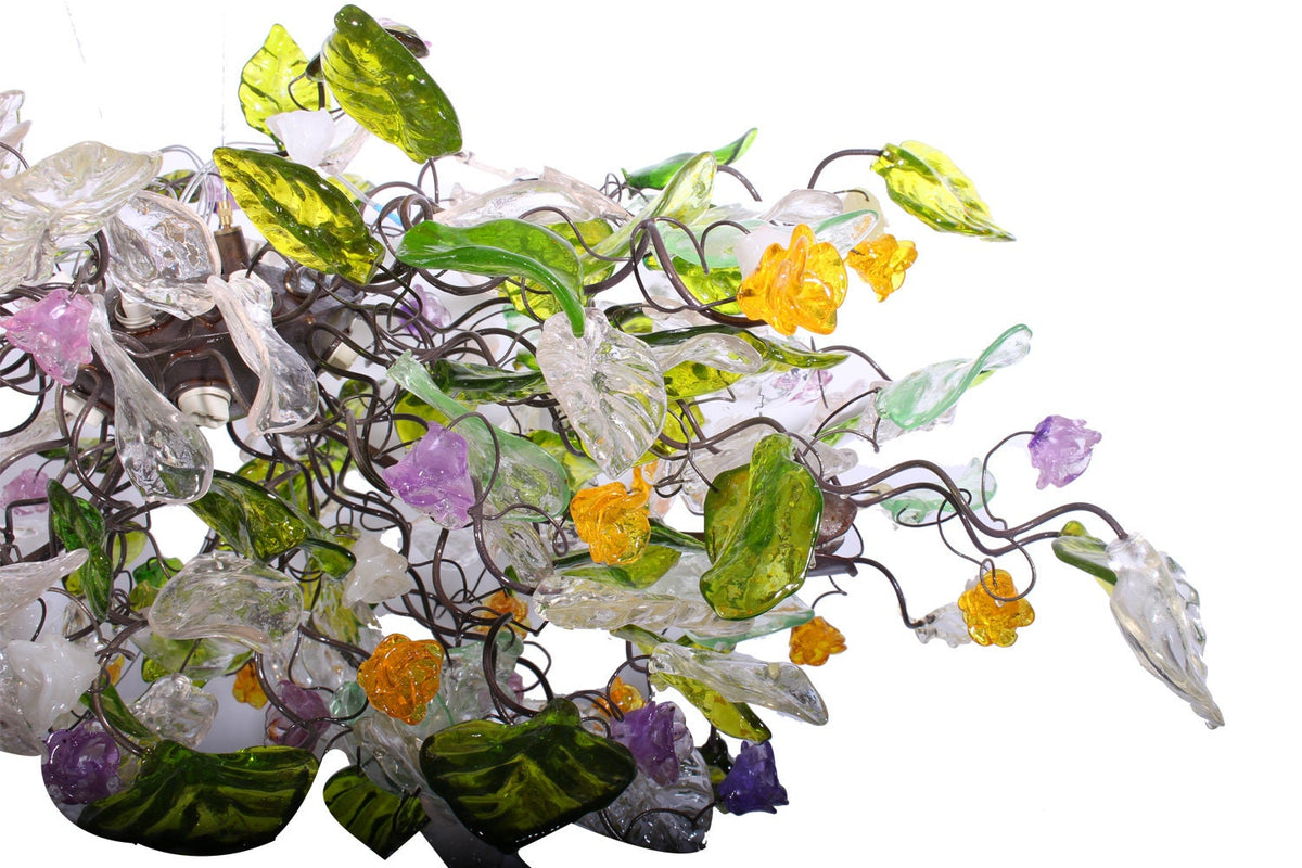 Hanging oval chandeliers with green clear yellow and purple flowers and leaves for Dining Room