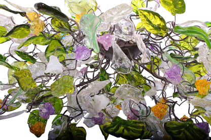 Hanging oval chandeliers with green clear yellow and purple flowers and leaves for Dining Room