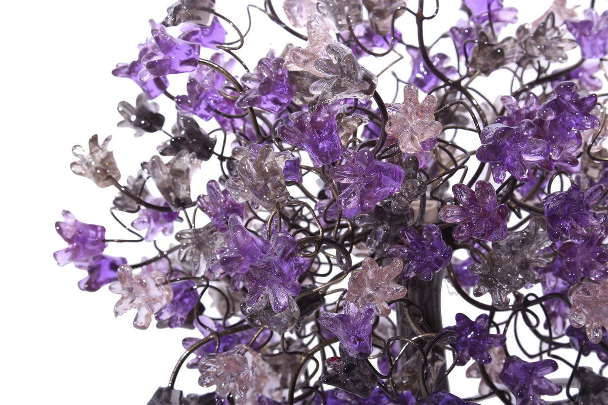 Purple bedside lamp, Table Lamp with Violet gray and clear flowers, small table lamp, midnight color flowers lighter.